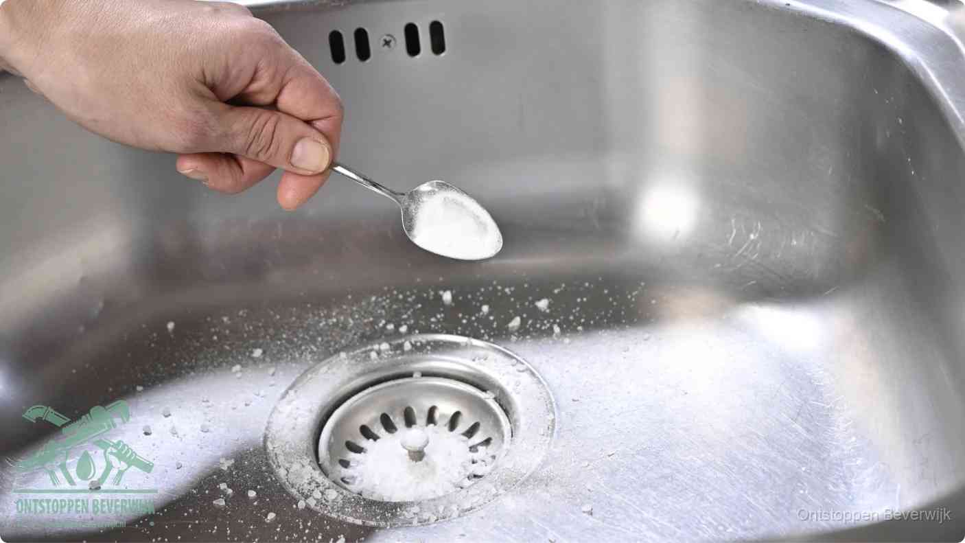 Een hand strooit met een lepel soda in de afvoer van een roestvrijstalen spoelbak, de soda en azijn huismiddel-methode om de afvoer te ontstoppen in Beverwijk