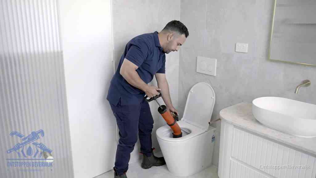 Een monteur buigt over een wandcloset en duwt met de hand een persluchtontstopper in de toiletpot om de verstopping handmatig los te maken in Beverwijk