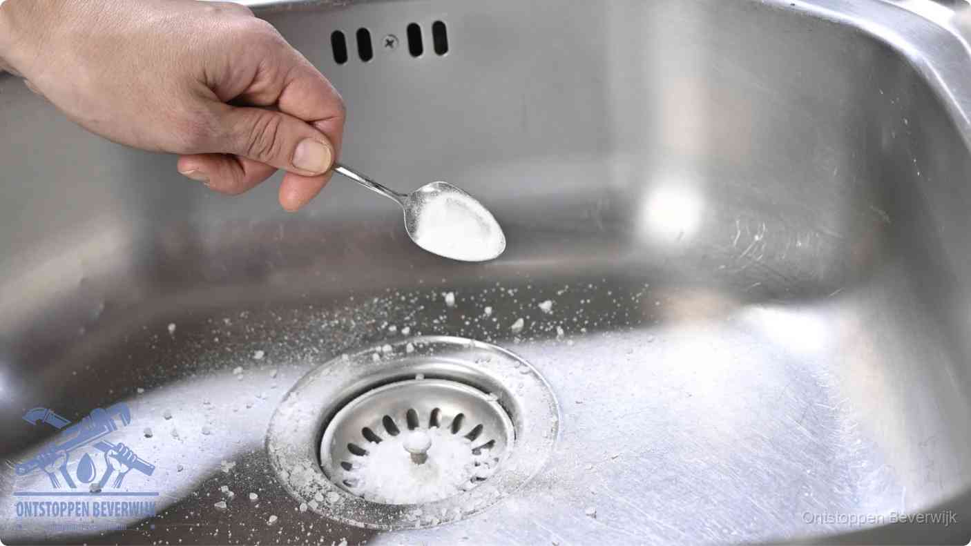 Hand strooit soda in de afvoer, riool ontstoppen met soda en azijn in Beverwijk