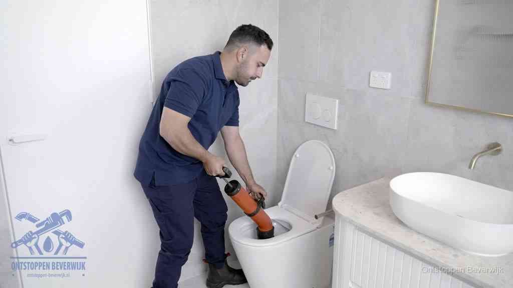 Een monteur gebruikt een handmatige perspomp (toiletontstopper) op een wandcloset tijdens het professioneel wc ontstoppen in Beverwijk